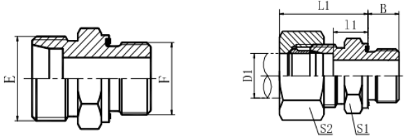 1CB-WD Габаритный чертеж фитинга с наружной резьбой BSPP с невыпадающим уплотнением ED