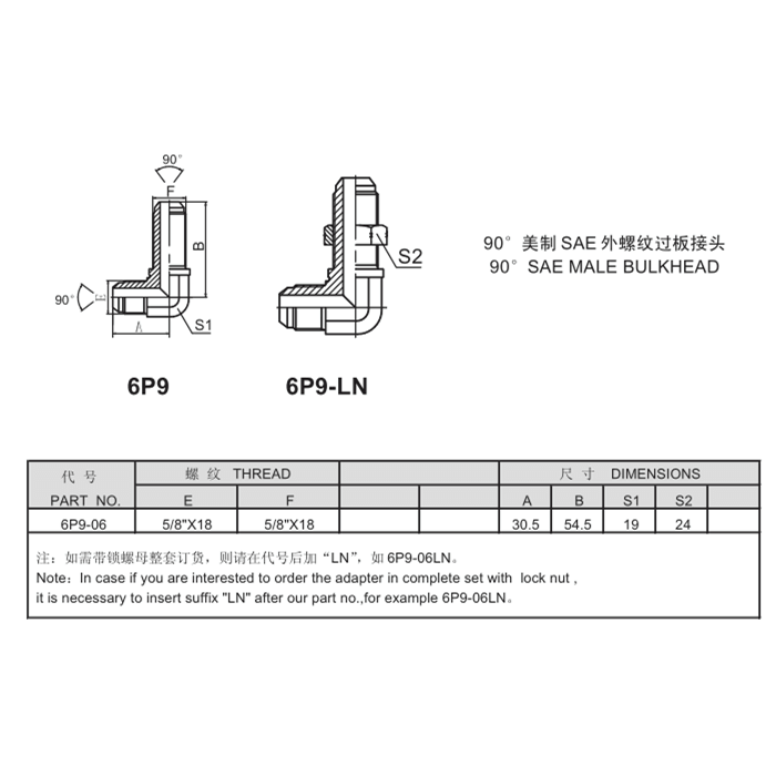 6P9 6P9-LN SAE 90-градусная факельная арматура для переборки локтя Таблица размеров