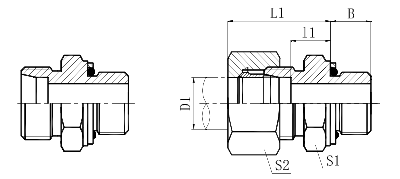 1CG Габаритный чертеж фитинга с наружной резьбой BSPP с уплотнительным кольцом и стопорным кольцом